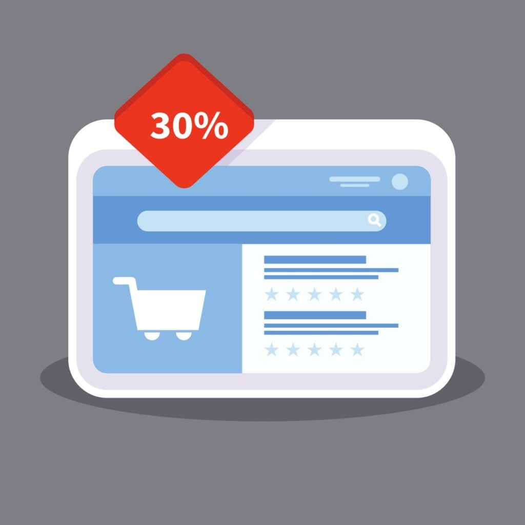 Tienda en línea con etiqueta de 30% de descuento