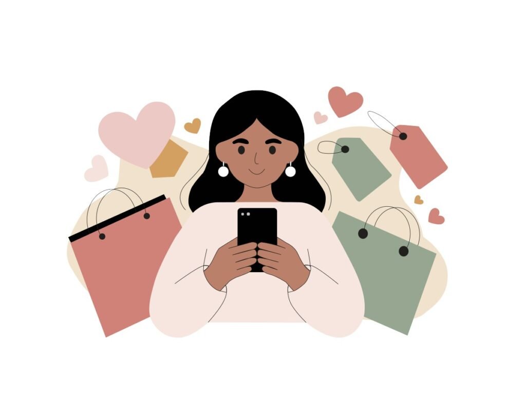 Mujer con celular rodeada de bolsas de compras