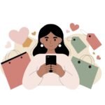 Mujer con celular rodeada de bolsas de compras